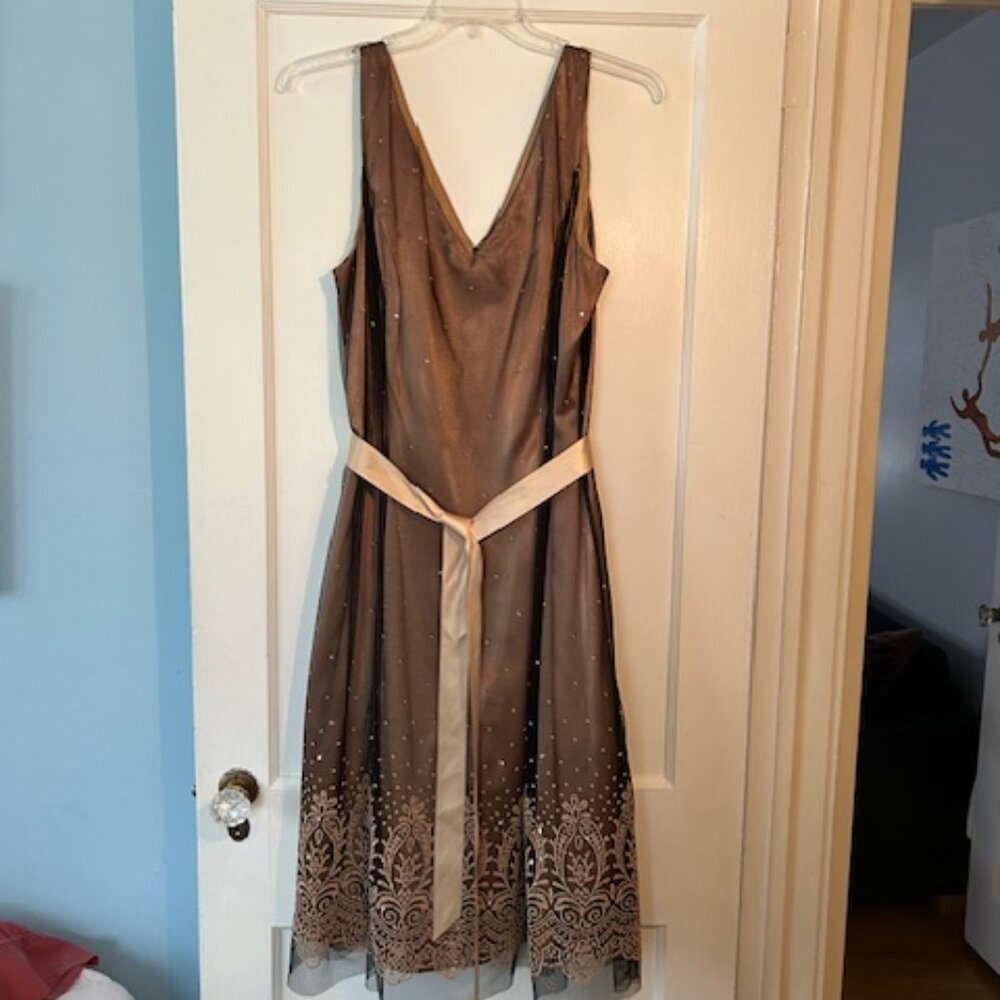Adrianna Papell Brown Beaded V-Neck Sleeveless Dress with Cream Sash